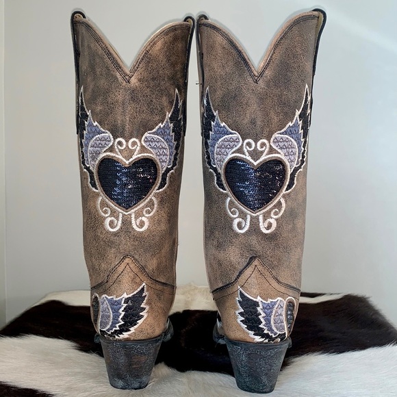 SOLD CORRAL Boots Sequin Heart Wings Mid Calf Snip Toe Cowgirl Cowboy Boot 6.5 - Picture 9 of 11